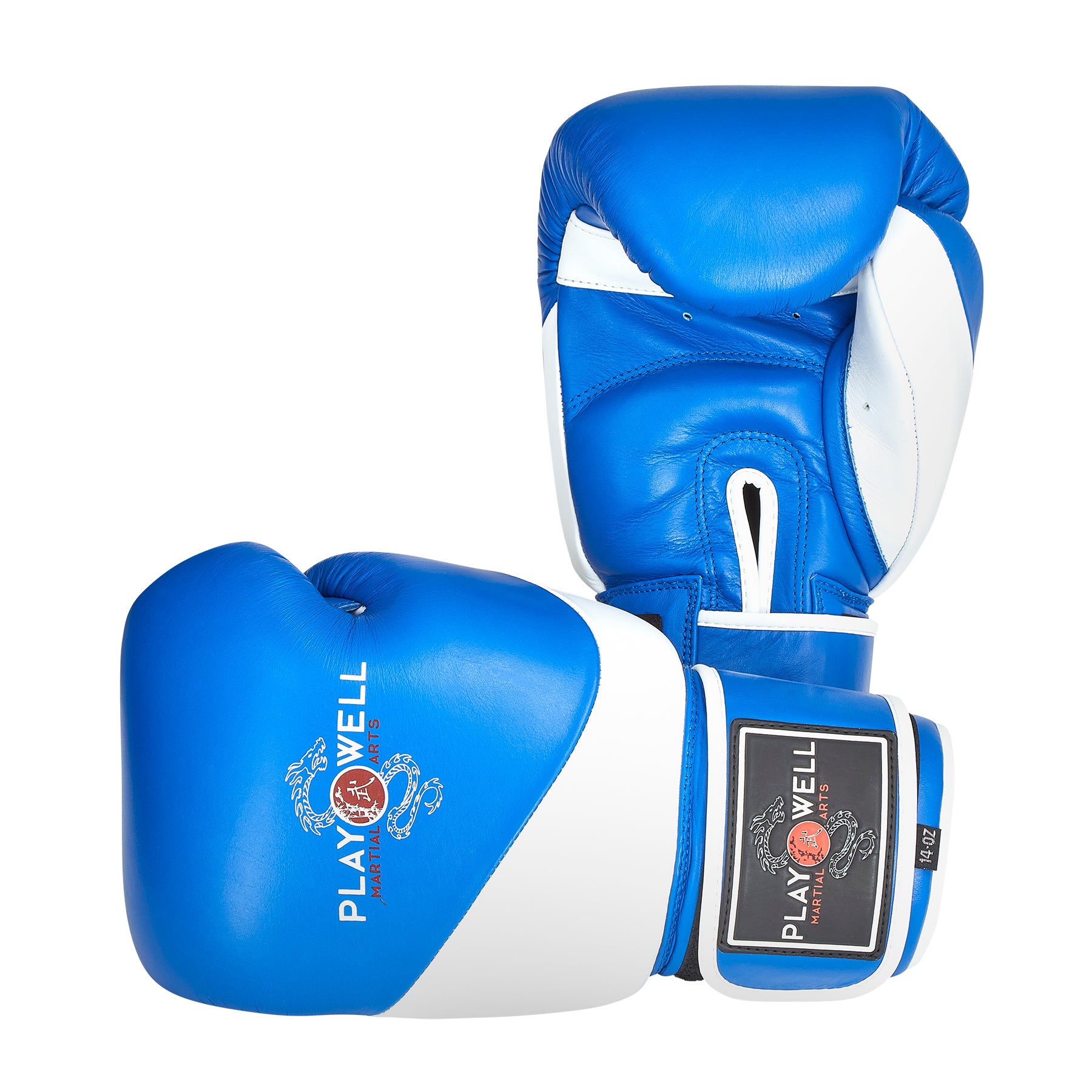 Blue and white boxing gloves with 'Playwell' branding on a white background