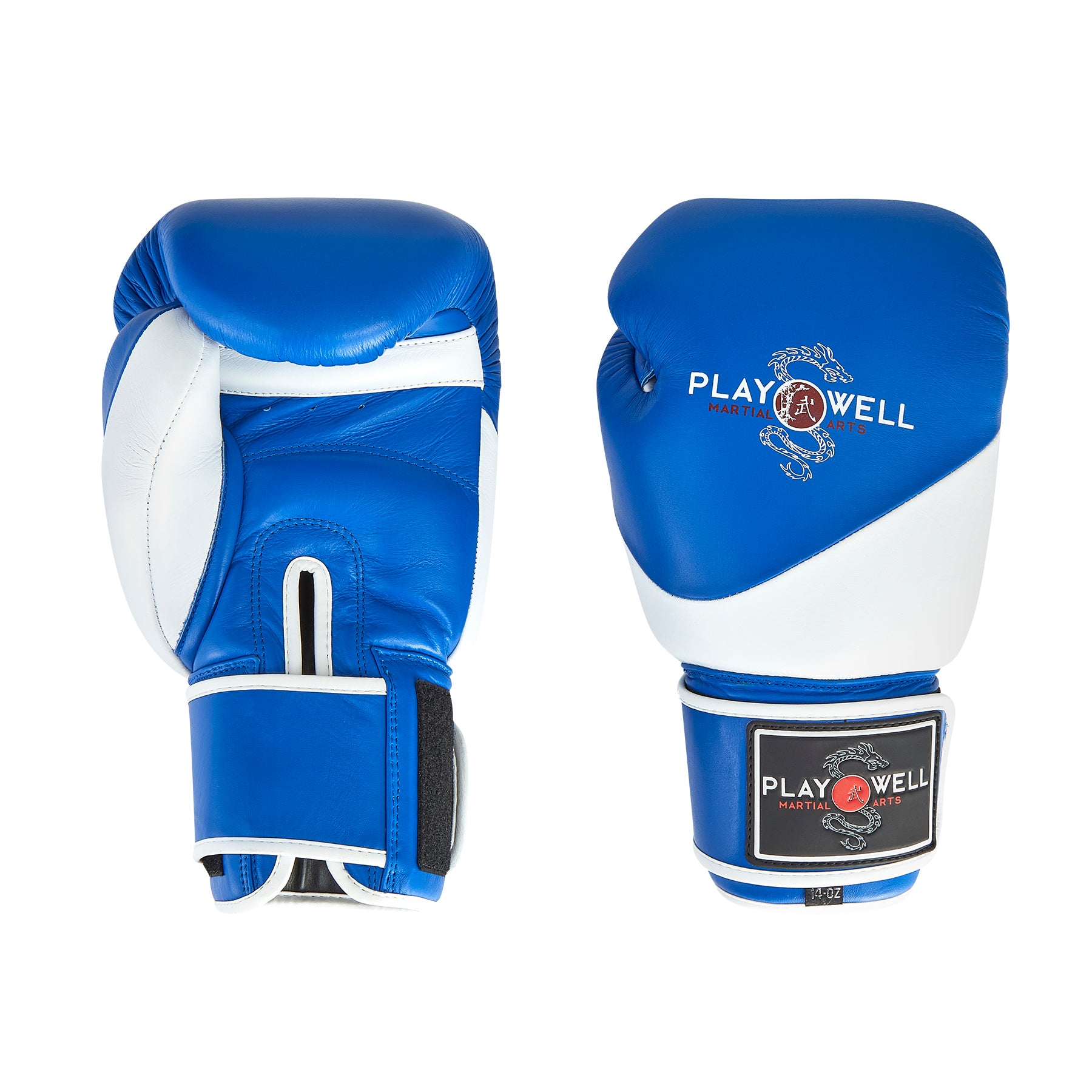 Blue and white boxing gloves with 'Play Well' branding on a white background